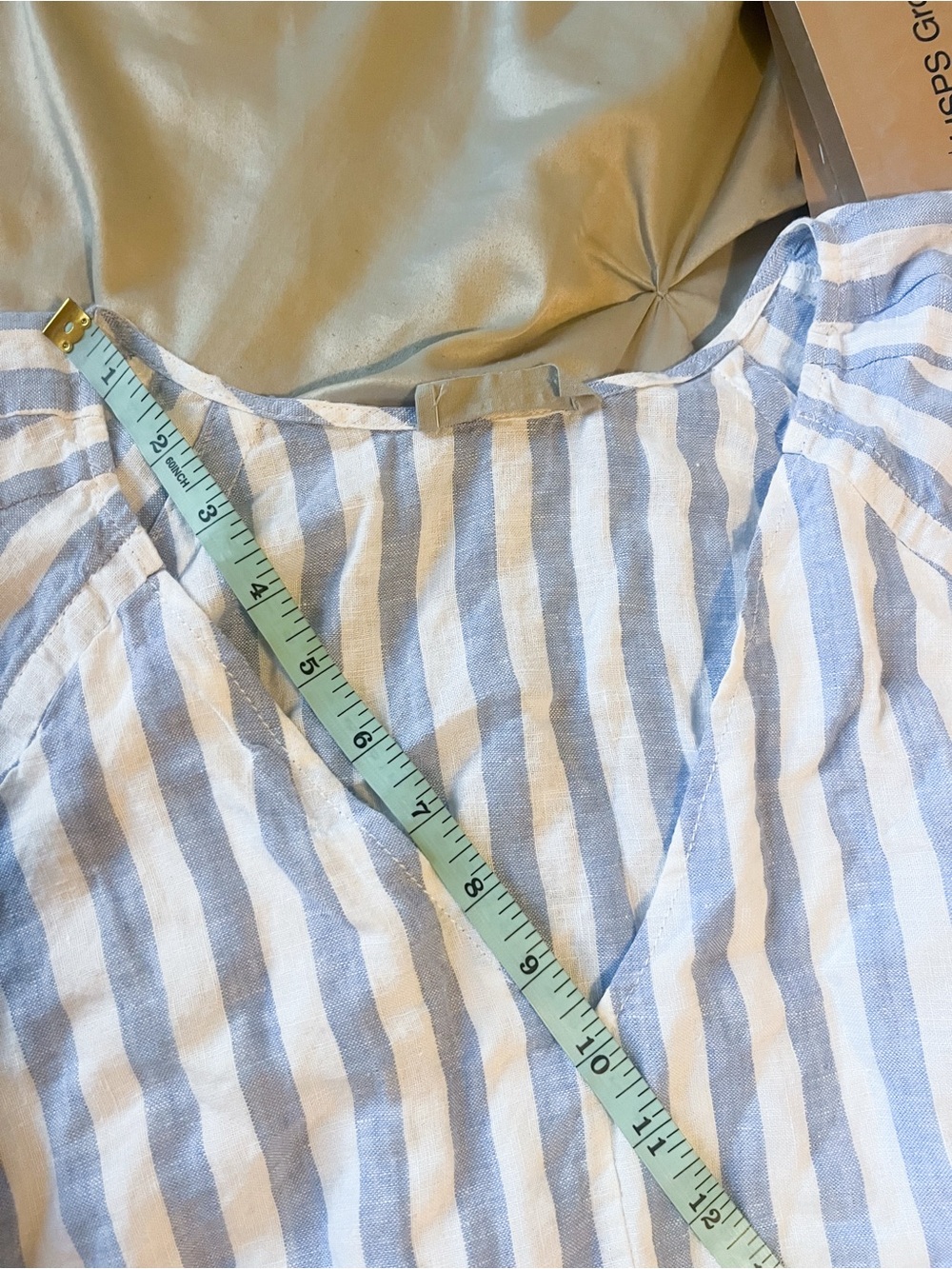 Everlane The Linen Oversized Puff Sleeve Midi Dress Striped Blue V-Neck Size XS - Picture 10 of 11
